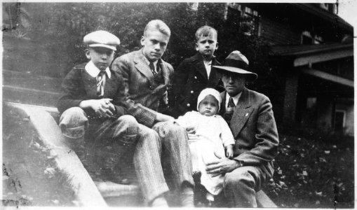Photograph of Gerald R. Ford, Jr., with His Father and Half-Brothers Tom, Dick, and Jim, on the Front Steps of Their... - NARA - 186952 photo