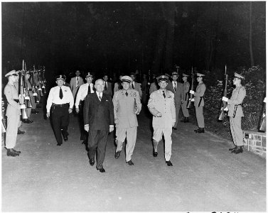 Photograph of President Truman at the dedication of the Carter Barron Amphitheater in Rock Creek Park, accompanied by... - NARA - 200308