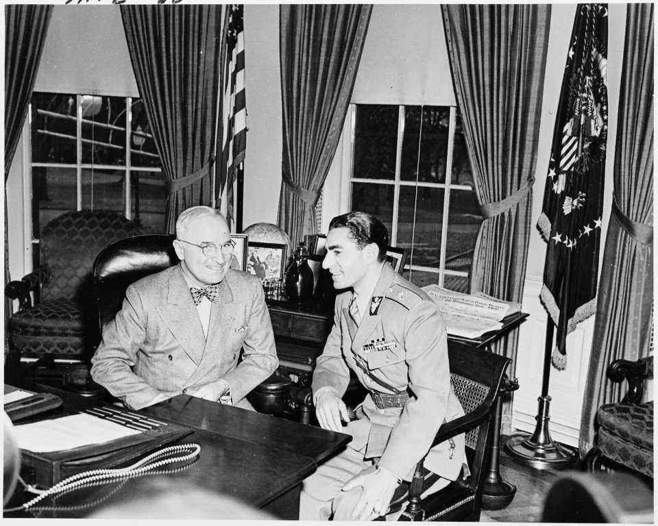 Photograph of President Truman and the Shah of Iran in the Oval Office. - NARA - 200149