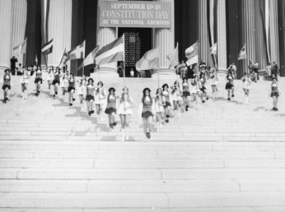 Photograph of Jefferson High School Marching Colonials Performing on the Steps of the National Archives Building on Constitution Day, 1974