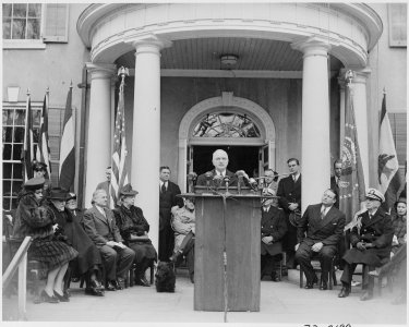 Photograph of President Truman delivering an address at the dedication of Franklin D. Roosevelt's home at Hyde Park... - NARA - 199354 photo