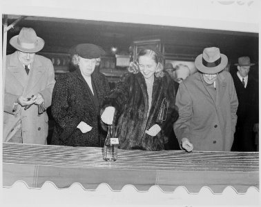 Photograph of Margaret Truman dropping a coin in a bottle marked Mo. as part of a public appearance in behalf of... - NARA - 199308