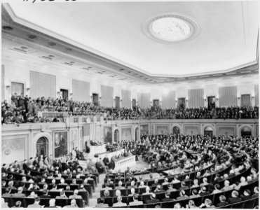 Photograph of President Truman delivering his State of the Union address to a joint session of Congress. - NARA - 200188