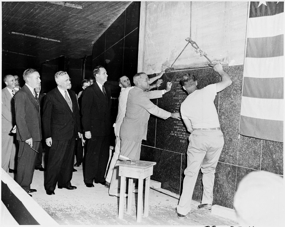 Photograph of President Truman helping to lay the cornerstone of the National Institutes of Health Clinical Center in... - NARA - 200341