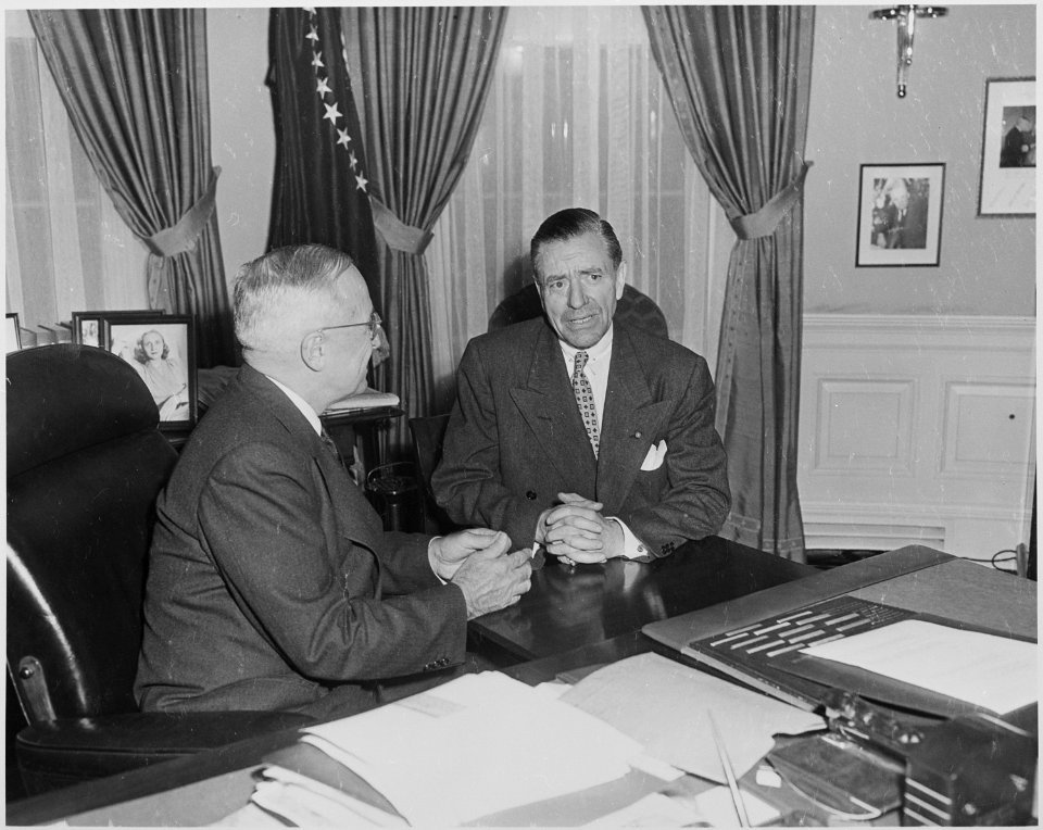 Photograph of President Truman in the Oval Office with Judge James P. McGranery, his nominee to serve as the next... - NARA - 200371