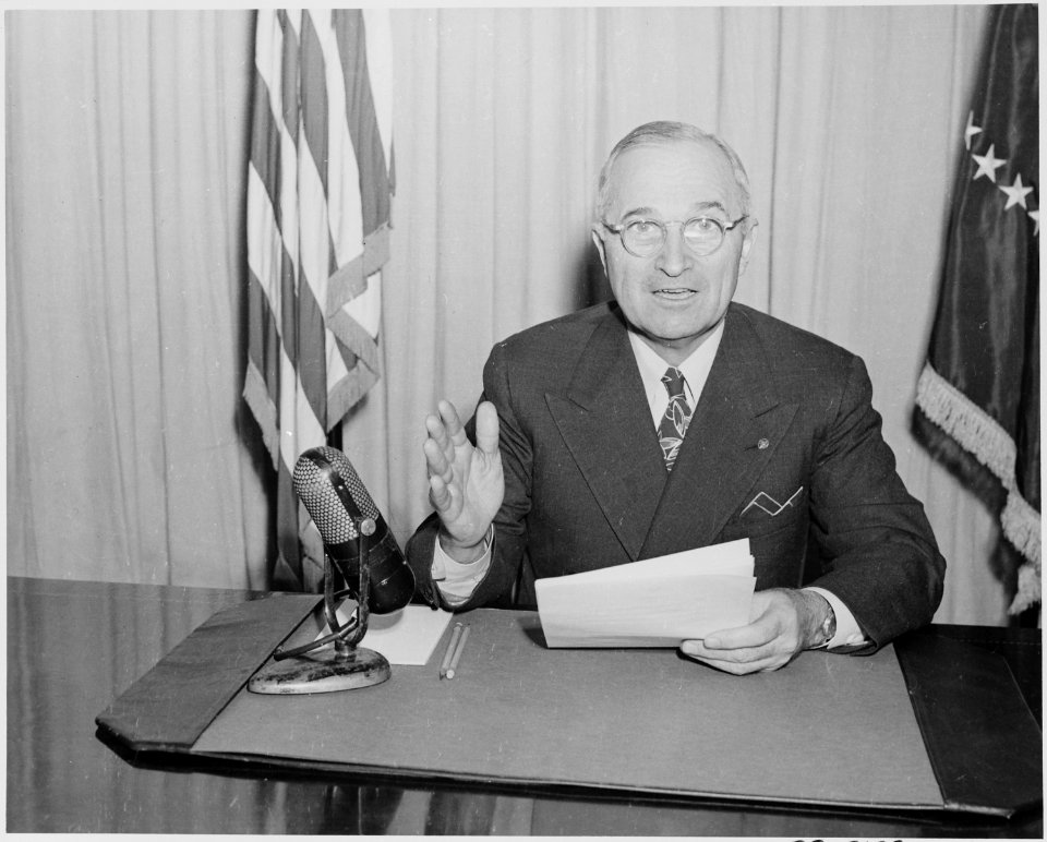 Photograph of President Truman delivering his radio speech to the nation on the status of his program for... - NARA - 199293