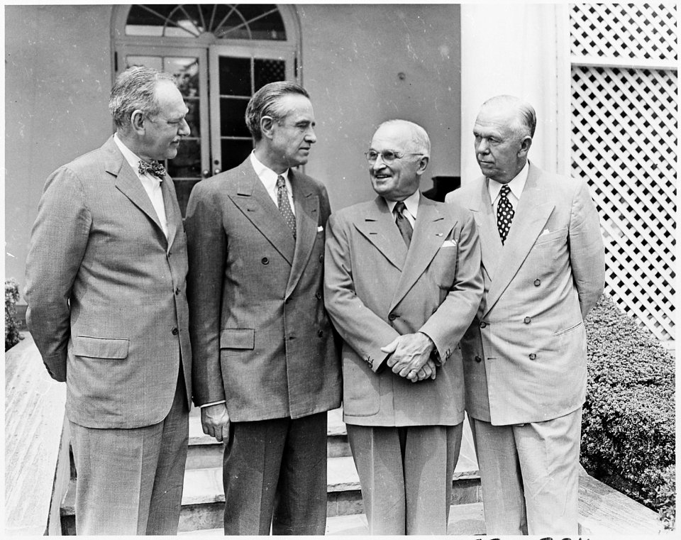 Photograph of President Truman in the White House Rose Garden with W. Averell Harriman, Special Assistant to the... - NARA - 200333