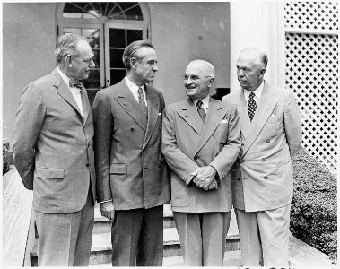 Photograph of President Truman in the White House Rose Garden with W. Averell Harriman, Special Assistant to the... - NARA - 200333