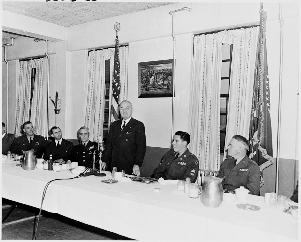 Photograph of President Truman delivering a speech during his visit to Aberdeen Proving Ground in Maryland. - NARA - 200278