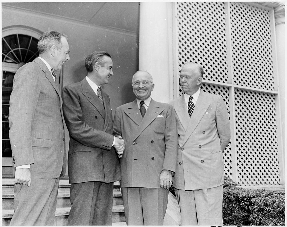 Photograph of President Truman in the White House Rose Garden shaking hands with W. Averell Harriman, Special... - NARA - 200334