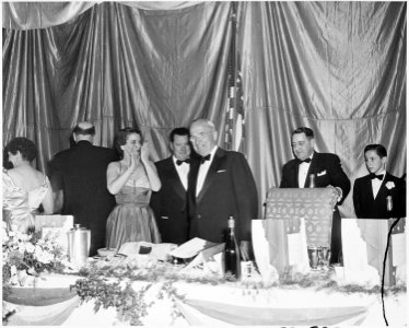 Photograph of President Truman receiving applause at the annual Jefferson-Jackson Day dinner at the National Guard... - NARA - 200380
