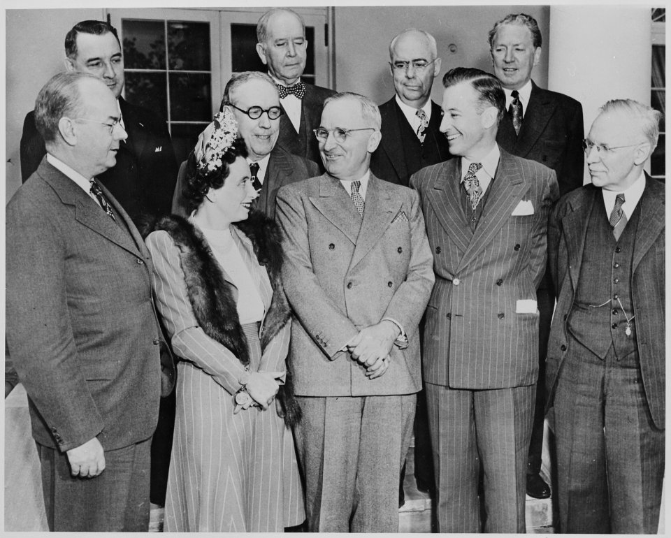 Photograph of President Truman posing with members of the Advisory Board of the Office of War Mobilization and... - NARA - 199371