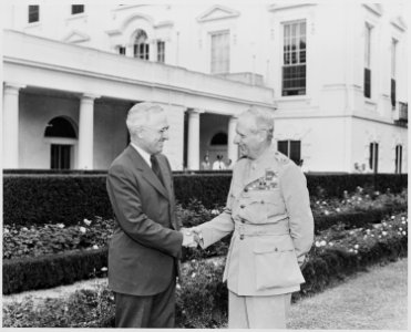 Photograph of President Truman shaking hands with Field Marshal Viscount Montgomery of Alamein (Bernard Montgomery)... - NARA - 199420