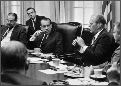 Photograph of President Richard M. Nixon with Senate Minority Leader Hugh Scott, House Minority Leader Gerald R.... - NARA - 186980