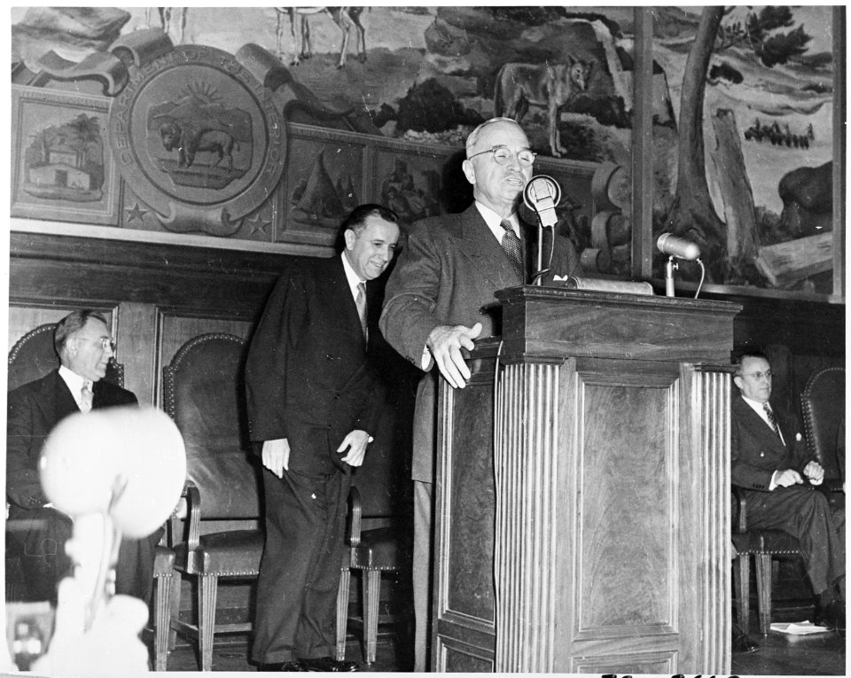 Photograph of President Truman speaking at a conference of the Industry Advisory Councils in the Department of the... - NARA - 200313