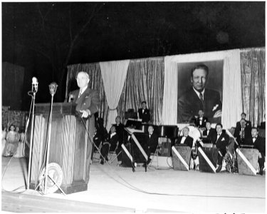 Photograph of President Truman speaking at the dedication of the Carter Barron Amphitheater in Rock Creek Park, named... - NARA - 200312