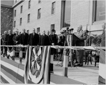 Photograph of President Truman speaking in the Pentagon Court during a ceremony at which he awarded an Oak Leaf... - NARA - 199259