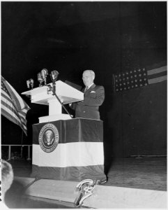 Photograph of President Truman speaking on the grounds of the Washington Monument during ceremonies celebrating the... - NARA - 200337