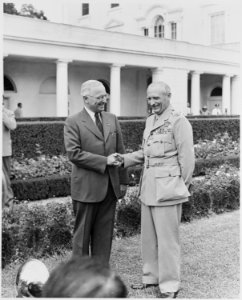 Photograph of President Truman shaking hands with Field Marshal Viscount Montgomery of Alamein (Bernard Montgomery)... - NARA - 199427