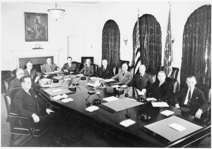 Photograph of President Truman with his Cabinet in the Cabinet Room of the White House, (clockwise around table)... - NARA - 199479 photo
