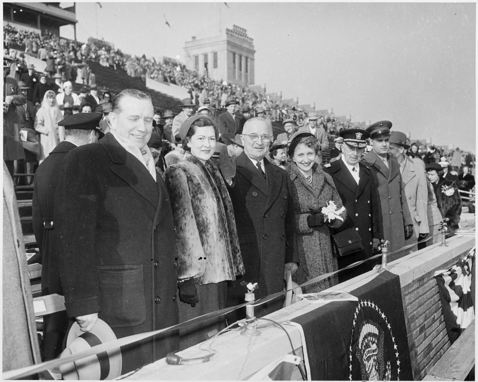 Photograph of President Truman with his daughter Margaret and other dignitaries at the annual Army-Navy football game... - NARA - 200400