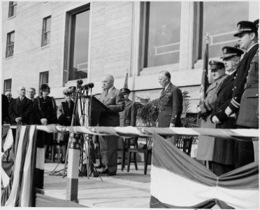 Photograph of President Truman speaking in the Pentagon Court during a ceremony at which he awarded an Oak Leaf... - NARA - 199260