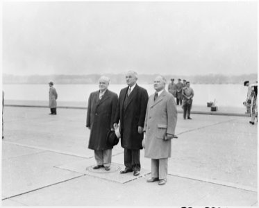 Photograph of President Truman with other dignitaries at the Jefferson Memorial, during ceremonies honoring Thomas... - NARA - 200368