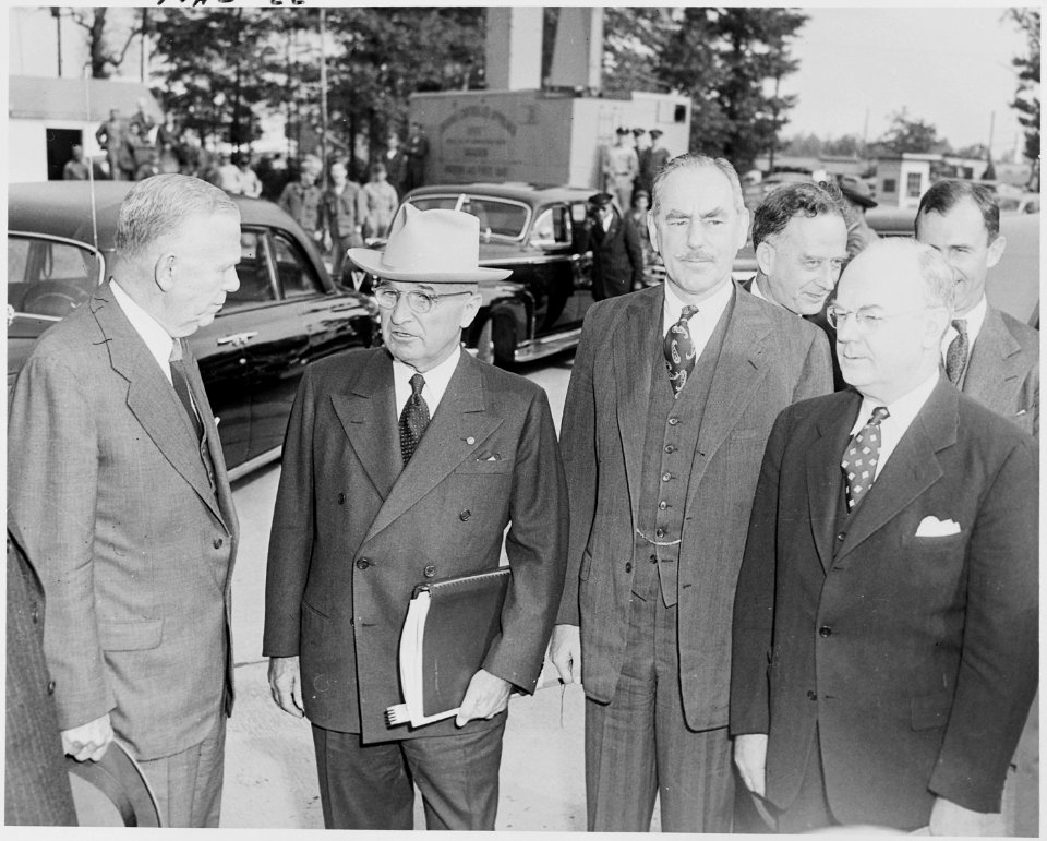 Photograph of President Truman with Secretary of Defense George C. Marshall, Secretary of State Dean Acheson, and... - NARA - 200235