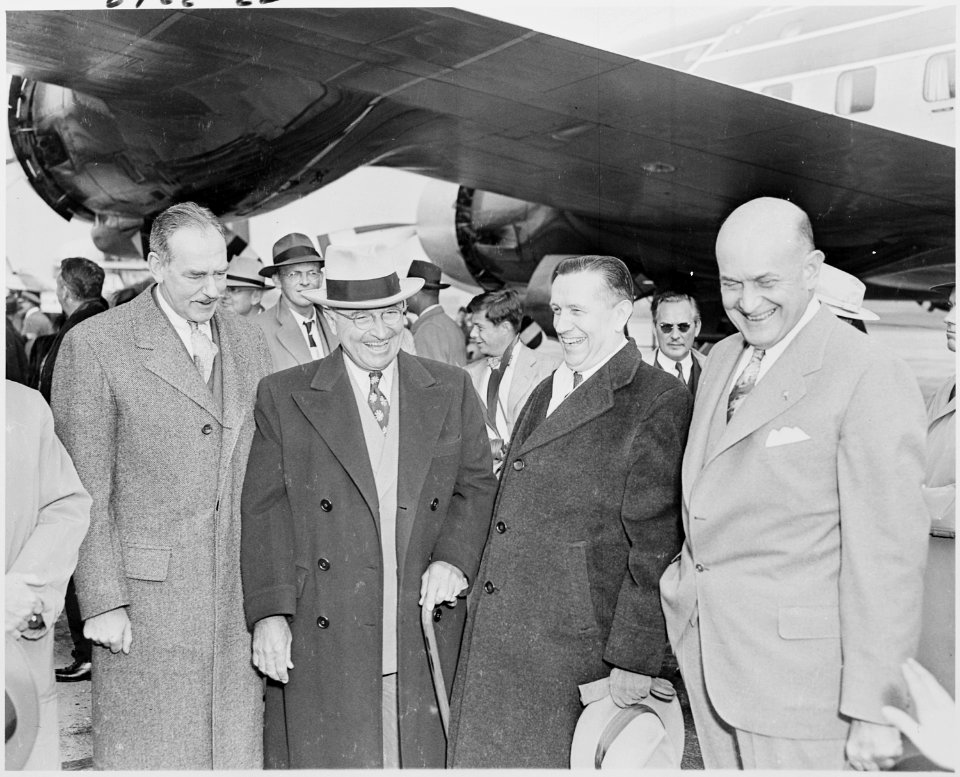 Photograph of President Truman with Secretary of State Dean Acheson, Secretary of Defense Louis Johnson, and others... - NARA - 200190