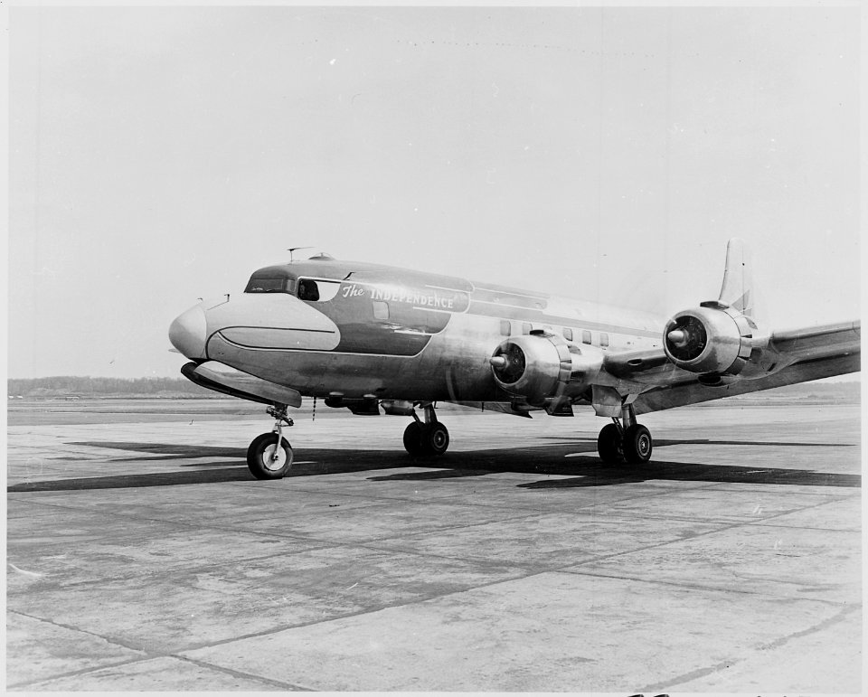 Photograph of President Truman's airplane, a DC-6 called The Independence, as it prepares to depart Washington... - NARA - 200294