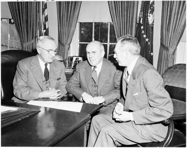 Photograph of President Truman with John McCloy, U.S. High Commissioner for Germany (center), and Secretary of State... - NARA - 200186