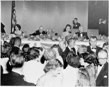 Photograph of President Truman, Speaker of the House Sam Rayburn (center), and other dignitaries at the... - NARA - 200178