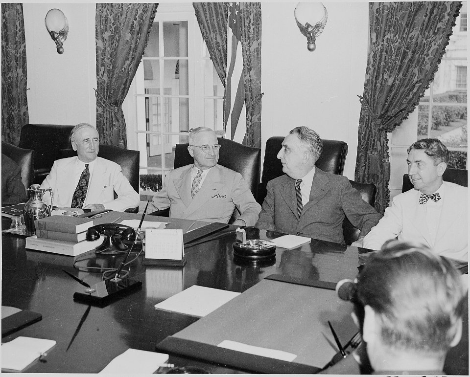Photograph of President Truman with several members of his Cabinet at the White House, (from left to right) Secretary... - NARA - 199136