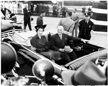 Photograph of Princess Elizabeth of Great Britain and President Truman in a limousine at Washington National Airport. - NARA - 200359