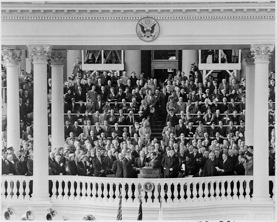 Photograph of Richard M. Nixon taking the oath of office as Vice President of the United States from Senator William... - NARA - 200420