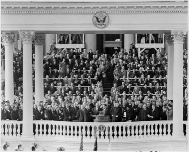 Photograph of Richard M. Nixon taking the oath of office as Vice President of the United States from Senator William... - NARA - 200420