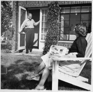 Photograph of Representative Gerald R. Ford Standing in the Doorway of His Apartment at 1521 Mount Eagle Place... - NARA - 186877