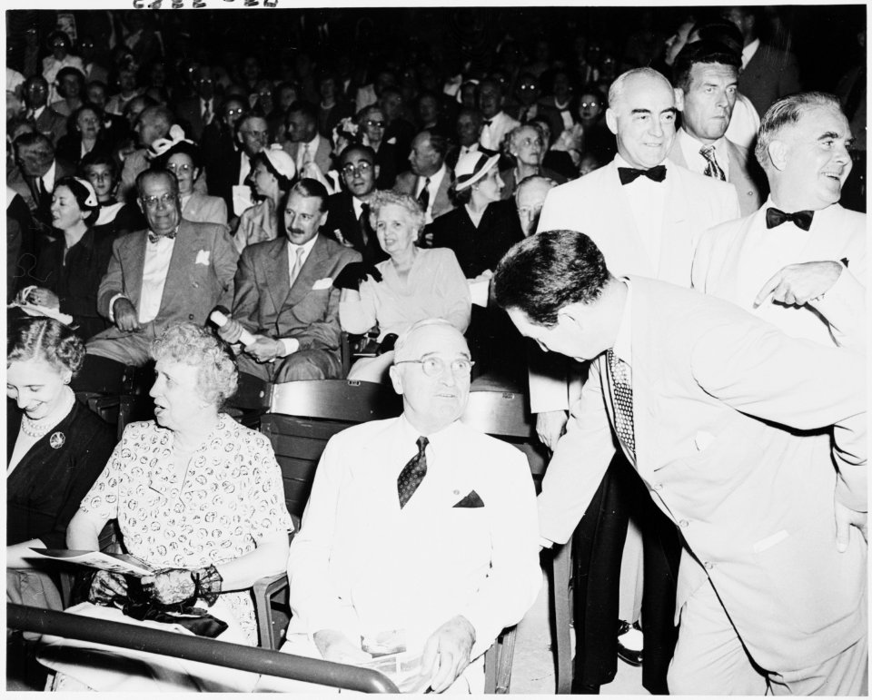 Photograph of President Truman, the First Lady, and Margaret Truman with others in the audience for the premiere of... - NARA - 200229