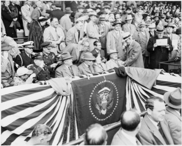 Photograph of President Truman, with Mrs. Truman and other dignitaries, at Griffith Stadium in Washington for the... - NARA - 200099