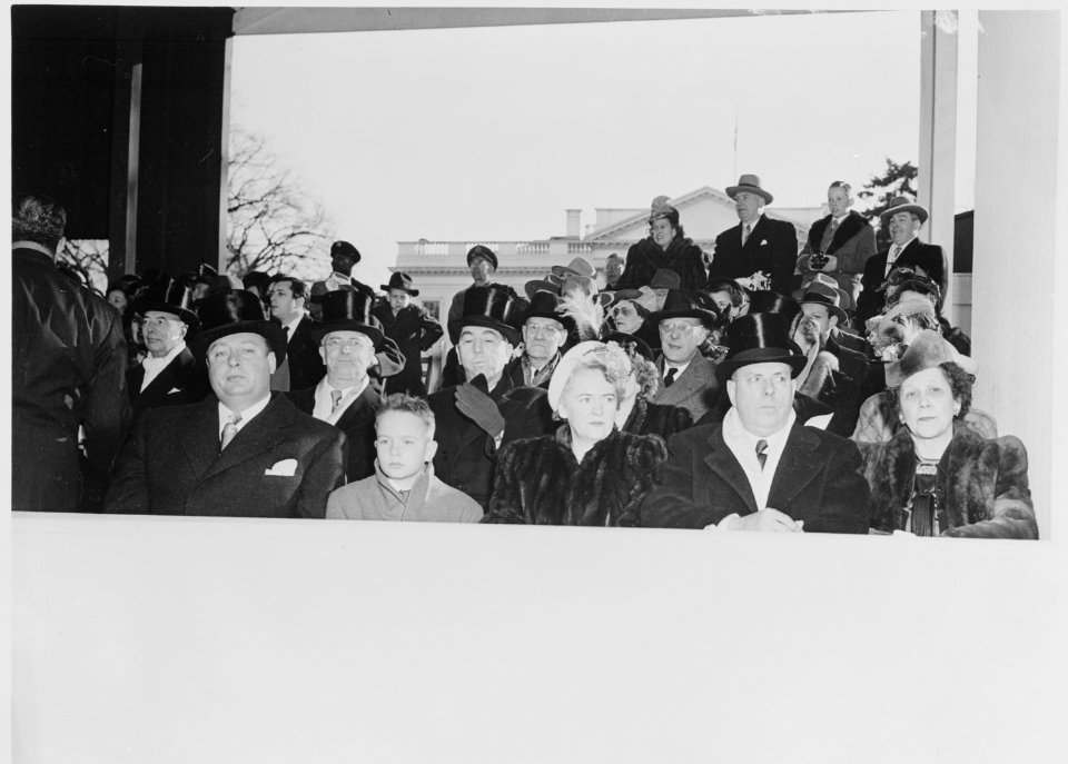 Photograph of Secretary of the Interior Julius Krug, Attorney General Tom Clark, and other dignitaries watching the... - NARA - 200067