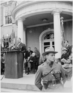 Photograph of Secretary of the Interior Julius Krug speaking at the dedication of Franklin D. Roosevelt's home at... - NARA - 199356 photo
