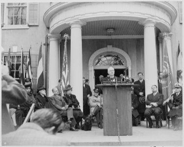 Photograph of President Truman speaking at the dedication of Franklin D. Roosevelt's home at Hyde Park, New York as a... - NARA - 199360
