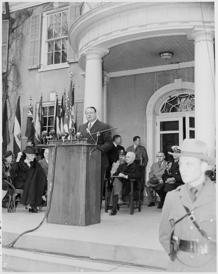Photograph of Secretary of the Interior Julius Krug delivering an address at the dedication of Franklin D.... - NARA - 199357