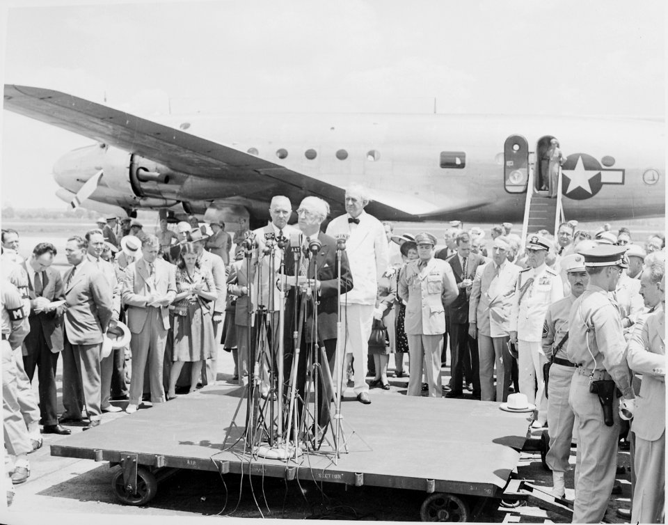 Photograph of Secretary of State James Byrnes speaking at airport ceremony marking his departure for the Paris Peace... - NARA - 199413