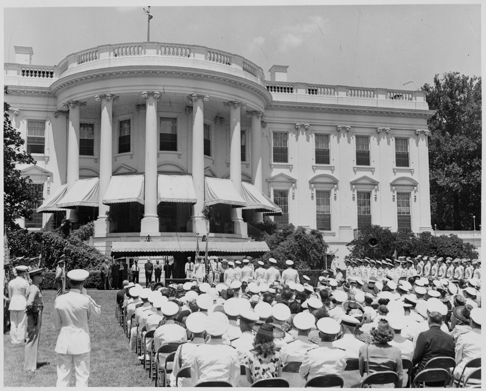 Photograph of the ceremony on the South Grounds of the White House at which President Truman awarded Presidential... - NARA - 199400