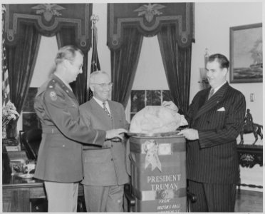 Photograph of Sen. Olin Johnston of South Carolina presenting President Truman with a turkey from Wilton E. Hall of... - NARA - 199536 photo