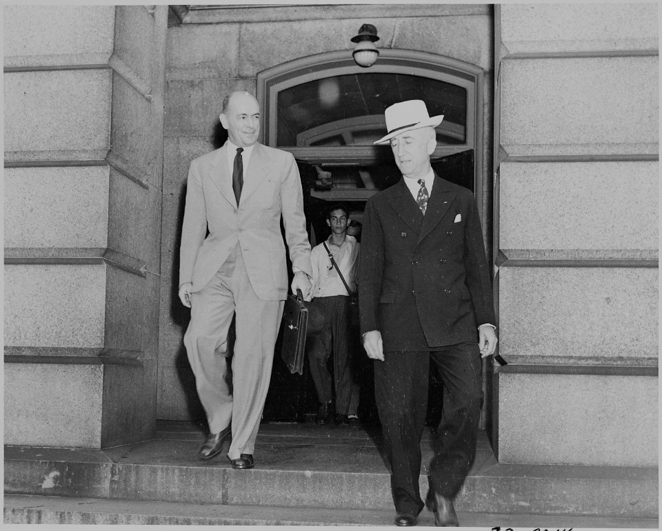 Photograph of Secretary of State James Byrnes and an unidentified man, evidently outside the White House on the... - NARA - 199167