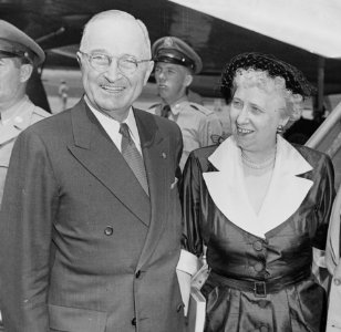 Photograph of President Truman with First Lady Bess Truman at the airport in... - NARA - 200391 photo