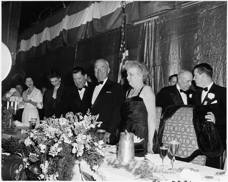 Photograph of the President and Mrs. Truman at the Jefferson-Jackson Day Dinner, during which the President announced... - NARA - 200382