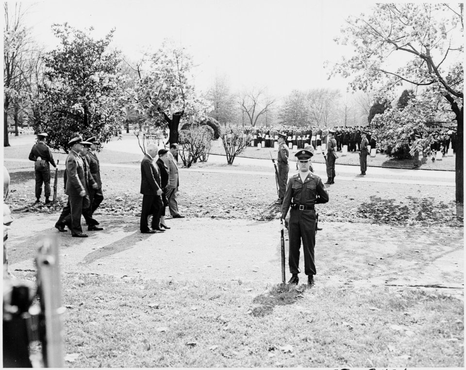 Photograph of the President and Mrs. Truman at Arlington National Cemetery, attending funeral services for Private... - NARA - 200242